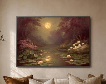 Moonlit Water Lily Pond Wall Art, Full Moon Forest Print, Burgundy Trees, Lotus Flowers, Serene Lake Decor, Framed Canvas, Above Sofa