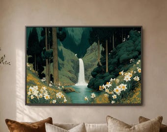 Waterfall Lake Wall Art Print, White Daffodil Valley Poster, Green Forest Landscape Decor, Mountain Stream Room Gift, Nature Decor