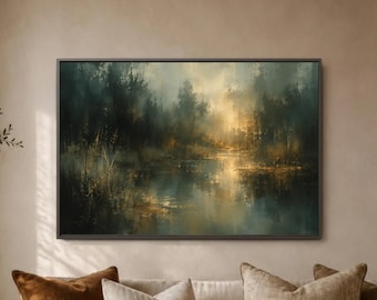 Golden Lake Wall Art Print, Moody Forest Water Reflection, Abstract Nature Landscape, Deep Green Decor, Serene Living Room Statement