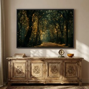 Above Sofa Bed Forest Wall Art, Enchanted Woodland Canvas, Glowing Fairy Lights Print, Dark Moody Living Room Bedroom Decor, Magical Nature zdjęcie 3