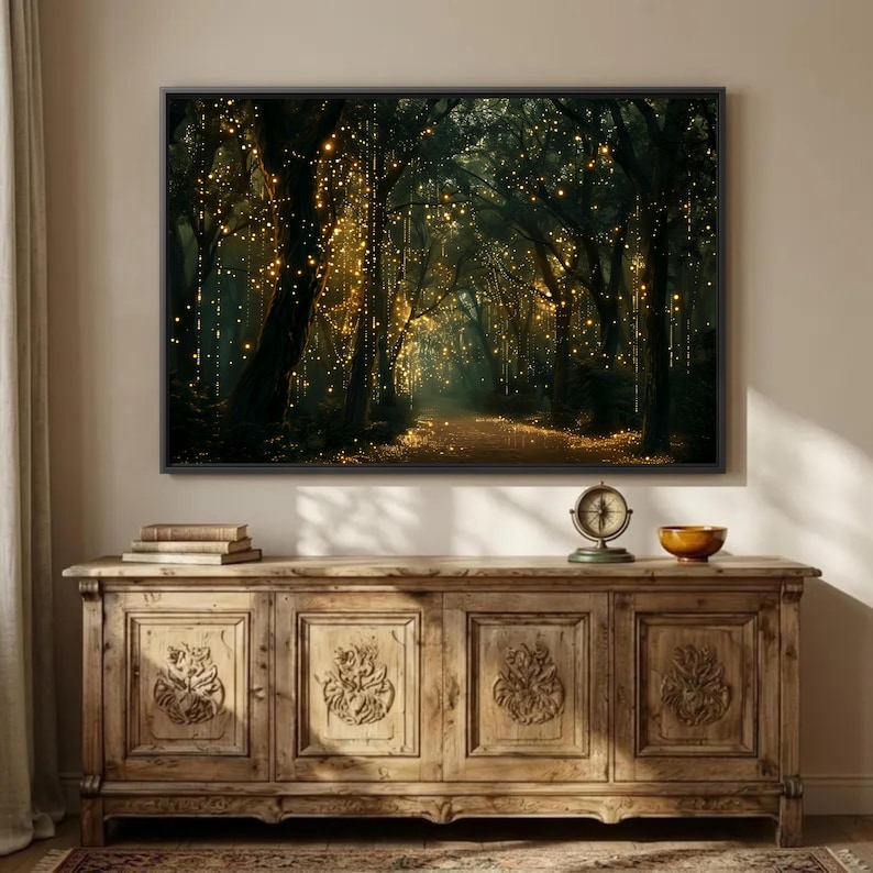 Above Sofa Bed Forest Wall Art, Enchanted Woodland Canvas, Glowing Fairy Lights Print, Dark Moody Living Room Bedroom Decor, Magical Nature zdjęcie 3