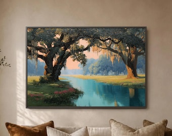 Live Oak River Wall Art Print, Spanish Moss Landscape Poster, Blue Water Bayou Decor, Southern Tree Scene, Large Living Room Artwork