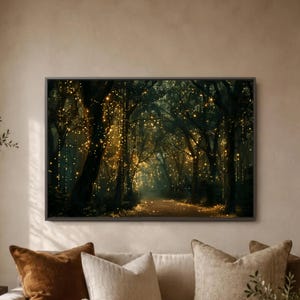 Above Sofa Bed Forest Wall Art, Enchanted Woodland Canvas, Glowing Fairy Lights Print, Dark Moody Living Room Bedroom Decor, Magical Nature zdjęcie 1