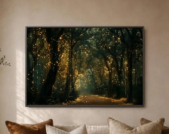 Above Sofa Bed Forest Wall Art, Enchanted Woodland Canvas, Glowing Fairy Lights Print, Dark Moody Living Room Bedroom Decor, Magical Nature