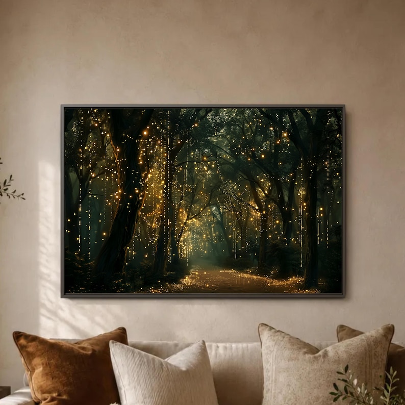 Above Sofa Bed Forest Wall Art, Enchanted Woodland Canvas, Glowing Fairy Lights Print, Dark Moody Living Room Bedroom Decor, Magical Nature zdjęcie 1