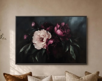 Dark Peony Floral Wall Art Print, Burgundy Pink Flower Poster, Moody Botanical Decor, Romantic Bedroom Art, Elegant Living Room Gift