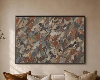 Avian Foliage Wall Art, Chickadee Bird Artwork, Earth Tone Leaf Pattern, Textured Nature Decor, Neutral Living Room Poster Gallery Print