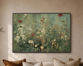 Wildflower Meadow Wall Art, Sage Green Botanical Canvas Print, Cottage Garden Poster, Soft Floral Field Decor, Nature Room Display