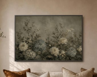 Muted Floral Wall Art, Cream Peony Hydrangea Print, Sage Taupe Botanical Home Decor, Soft Garden Canvas, Elegant Living Room Artwork