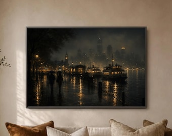 Rainy City Wall Art Print, Night Harbor Poster, Ferry Dock Skyline Decor, Umbrella Walk Waterfront Scene, Moody Urban Lights Artwork