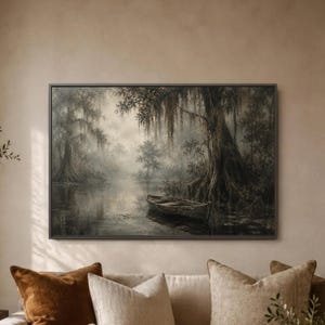 Cypress Swamp Wall Art Print, Bayou Rowboat Poster, Spanish Moss Trees, Dark Wetland Decor, Southern Marsh Water Scene Nature Artwork