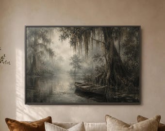 Cypress Swamp Wall Art Print, Bayou Rowboat Poster, Spanish Moss Trees, Dark Wetland Decor, Southern Marsh Water Scene Nature Artwork