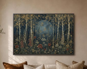 Moonlit Birch Forest Wall Art, Golden Leaf Botanical Print, Deep Blue Foxglove Woodland Home Decor, Night Garden Canvas Framed Artwork