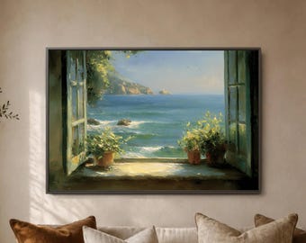 Coastal Window View Wall Art Print, Ocean Landscape Decor, Seaside Poster, Beach House Wall Decor For Relaxed Interiors