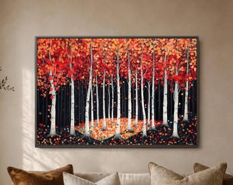 Red Birch Forest Wall Art Print, Autumn Tree Landscape Decor, Bold Woodland Poster, Contemporary Living Room Statement Wall Artwork