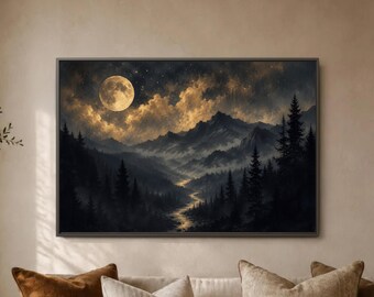 Lunar Alpine Panorama, Golden Cloud Night Sky, Dark Pine Valley, Moon River Mountain View, Dramatic Cabin Statement Piece