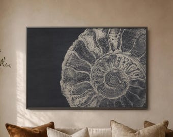 Ammonite Fossil Wall Art Print, Black Neutral Shell Poster, Large Geological Decor, Minimal Living Room Artwork, Science Gift Idea