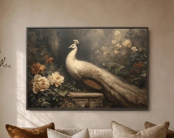 White Peacock Garden Poster, Cream Bird Floral Wall Decor Print, Rose Flower Scene, Elegant Tail Feather Living Room Gallery Decor Gift