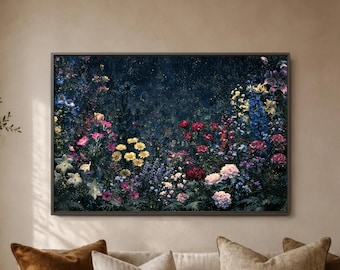 Midnight Garden Wall Art Print, Colorful Wildflower Poster, Dark Floral Room Decor, Pink Yellow Blue Blossom Meadow Statement Artwork