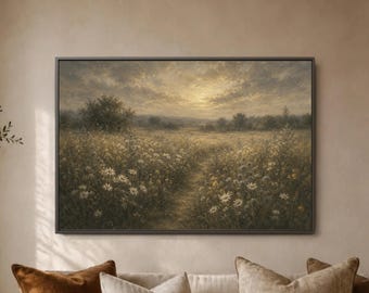 Golden Wildflower Meadow Wall Art, Daisy Field Landscape Print, Sunlit Path Canvas, Warm Countryside Nature Decor, Living Room Artwork