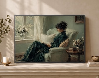 Woman Reading Wall Art, Cozy Library Print, Elegant Literary Decor, Quiet Window Scene Poster, Moody Book Lover Room Artwork