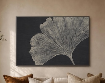 Ginkgo Leaf Wall Art, Black Beige Botanical Print, Oversized Minimal Poster, Line Texture Living Room Decor, Neutral Sofa Gallery Piece