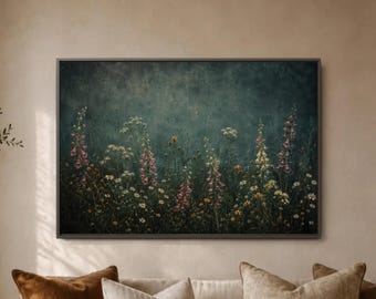 Dark Wildflower Meadow Wall Art Print, Moody Green Foxglove Daisy Poster, Tall Floral Field Decor, Cottage Living Room Botanical Scene