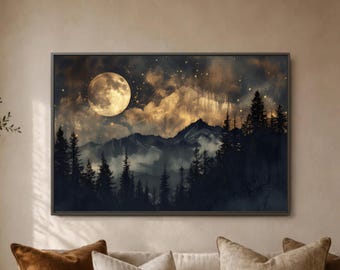 Moon Mountain Wall Art, Starry Forest Night Print, Dark Celestial Poster, Mystic Cabin Decor, Golden Sky Landscape Above Sofa Scene