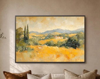 Landscape Wall Art Golden Countryside Cypress Trees Olive Hills Warm Rustic Living Room Horizontal Print
