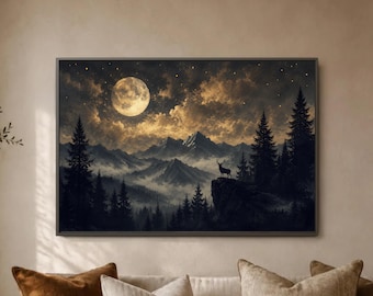 Stag Cliff Nocturne, Star Filled Peaks, Silhouetted Deer Over Misty Wilderness, Majestic Lodge Bedroom Centerpiece