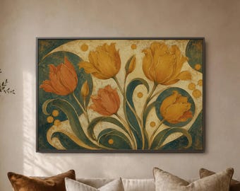 Orange Tulip Wall Art, Teal Curved Leaf Print, Art Nouveau Floral Poster, Golden Dot Motif, Framed Botanical Home Decor Above Sofa