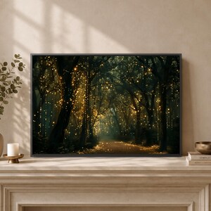 Above Sofa Bed Forest Wall Art, Enchanted Woodland Canvas, Glowing Fairy Lights Print, Dark Moody Living Room Bedroom Decor, Magical Nature zdjęcie 11