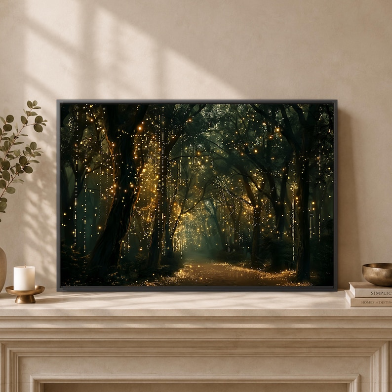 Above Sofa Bed Forest Wall Art, Enchanted Woodland Canvas, Glowing Fairy Lights Print, Dark Moody Living Room Bedroom Decor, Magical Nature zdjęcie 11