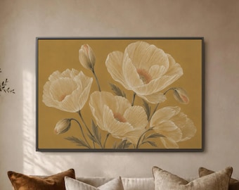 Cream Poppy Flower Botanical Print, Mustard Gold Home Wall Decor, Fine Line Petals, Neutral Floral Canvas, Bedroom Office Gallery Art