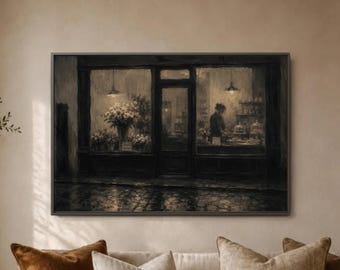 Rainy Flower Shop Print, Dark Cafe Window Scene, Cobblestone Street Glow, Parisian Style Accent, Moody Urban Evening Wall Art Night Mood