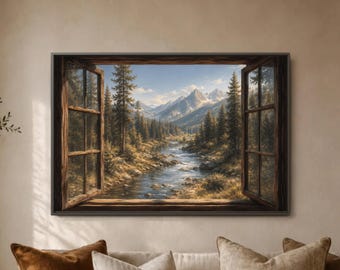 Mountain River Window View, Alpine Forest Decor, Scenic Cabin Landscape, Open Window Poster, Peaceful Nature Room Artwork