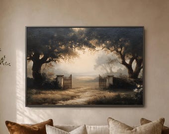 Misty Country Gate Wall Art Print, Open Wooden Fence Landscape, Sunlit Tree Canopy Poster, Rustic Living Room Decor, Farmhouse Gift
