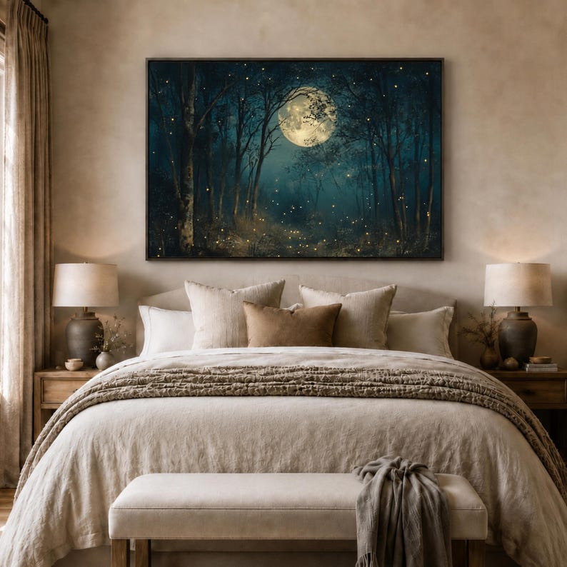 Art mural forêt au clair de lune, toile forêt luciole, impression nuit lunaire, affiche arbre sarcelle foncé, déco cabane enchantée, lueur mystique image 4