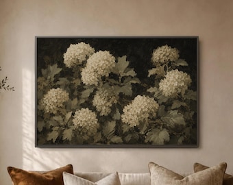 White Hydrangea Wall Art Print, Moody Floral Decor, Elegant Botanical Poster, Garden Bloom Artwork, Sophisticated Home Accent