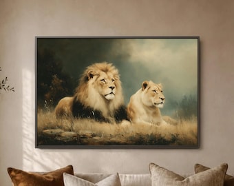 Lion Pair Wall Art, Majestic Safari Animal Print, Neutral Savanna Poster, Big Cat Decor, Wild Nature Landscape Living Room Statement