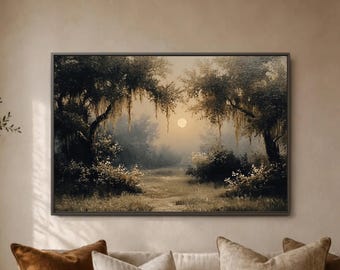 Moonlit Bayou Landscape Print, Moss Draped Oak Trees, Sepia Southern Nature Scene, Serene Framed Style Art Above Sofa Accent, Warm Neutral
