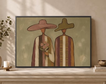 Abstract Couple Wall Art Print, Boho Minimalist Figure Painting, Neutral Modern Canvas Decor, Romantic Pair Artwork Gift