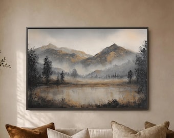 Misty Mountain Lake Wall Art, Neutral Landscape Poster, Foggy Valley Decor, Minimal Nature Room Accent Serene Water Scene