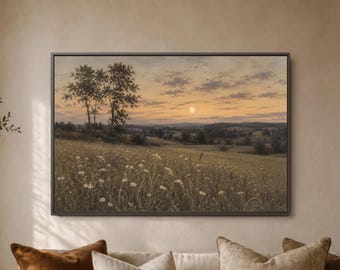Sunset Meadow Wall Art, Full Moon Field Print, Daisy Grass Landscape, Two Tree Horizon Decor, Warm Countryside Poster Canvas Display