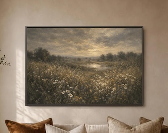 Wildflower Meadow Landscape Print, Vintage Countryside Canvas Decor, Rustic Nature Painting for Cottage Farmhouse Home