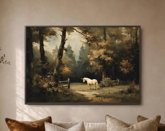 White Horse Forest Wall Art Print, Moody Woodland Landscape Decor, Rustic Cabin Living Room Artwork, Nature Home Display Gift Idea
