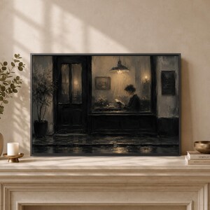 Rainy Cafe Window Wall Art Print, Woman Reading Book Poster, Warm Lamp Street Scene, Moody Coffee Shop Scene, Home Library Room Decor image 11