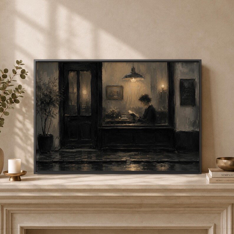 Rainy Cafe Window Wall Art Print, Woman Reading Book Poster, Warm Lamp Street Scene, Moody Coffee Shop Scene, Home Library Room Decor image 11