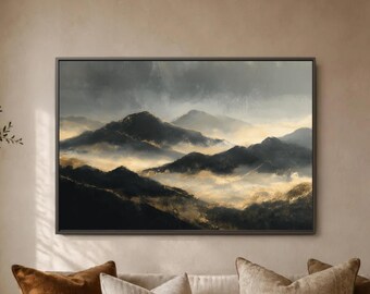 Misty Mountain Landscape Poster, Dark Green Gold Peaks, Foggy Ridge Horizon, Atmospheric Wall Accent, Modern Console Display