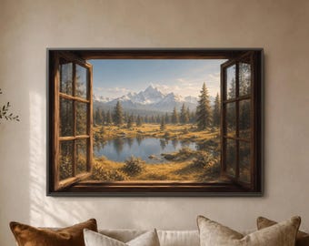 Alpine Vista Through Wooden Casement, Snow Capped Range Poster, Reflective Meadow Lake Scene, Lodge Style Panorama, Serene Home Decor